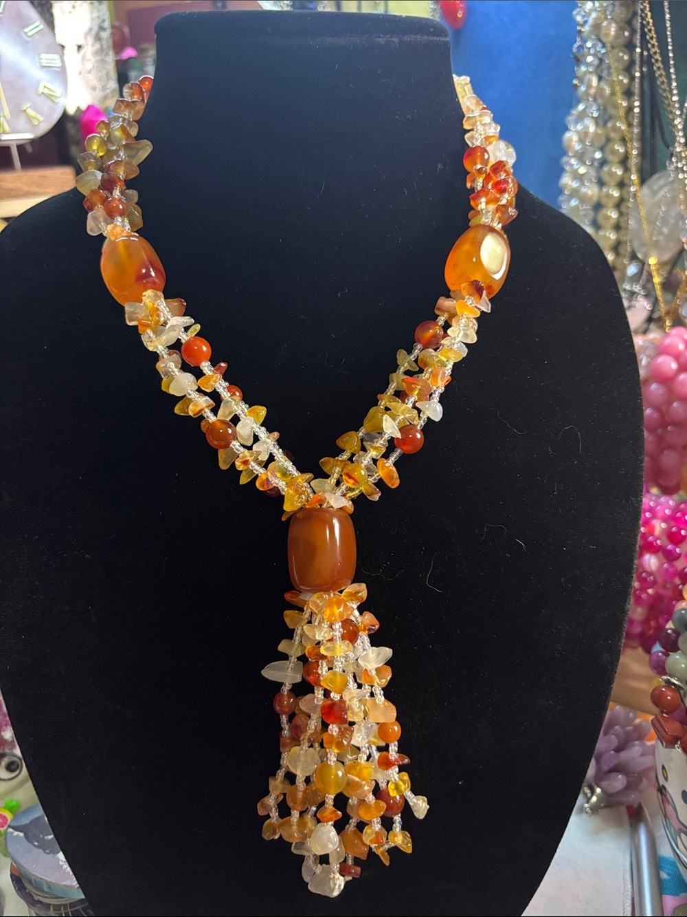 Handcrafted Orange Carnelian & Citrine Beaded Tassel Necklace